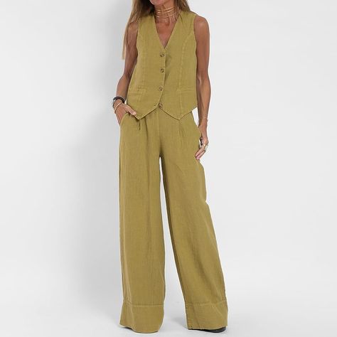 Azazaza Women Cotton Linen Two Piece Set Suit Vest and Long Pants Sets Splicing Casual Sets Button Top and Wide Leg Pants Set Suit Vest and Trousers Outfits : Amazon.co.uk: Fashion Winter Pant, Tøp Aesthetic, Elegante Y Chic, Casual Wear Women, Vest Blazer, Blazer Set, Linen Suit, Estilo Chic, Pant Length