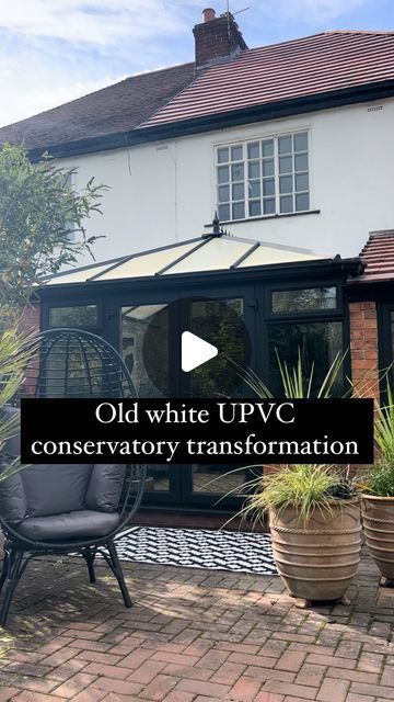 Alex Richards on Instagram: "ad🖤 Old white UPVC? Transform it from ugly and unloved to your favourite stylish space in the house! Both inside… and out! 🌱 With this @makeitrustoleum UPVC paint there was zero sanding or priming; just a good clean and you’re ready to paint that white UPVC! And get new stylish windows in no time! 😍🖤 . There were loads of different surfaces to deal with in my conservatory; the UPVC, plaster walls, wooden skirting boards, metal doors etc🙈 But @makeitrustoleum genuinely have fab specialist paints for almost every surface, so I could get the whole project completed! 🙌🏼 I used: 🖤UPVC Paint in Natural Charcoal Furniture Paint in Natural Charcoal on the wood 🖤Chalky Finish Wall Paint in Tanglewood 🖤Universal in Matt Black on the metal doors . So…. what do y Small Conservatory Decor Ideas, Paint Upvc Conservatory, Conservatory Paint Ideas, Old Conservatory Ideas, Painted Upvc Conservatory, Pvc Painted Door, Paint Upvc Windows, Upvc Conservatory Makeover, Painting Pvc Windows