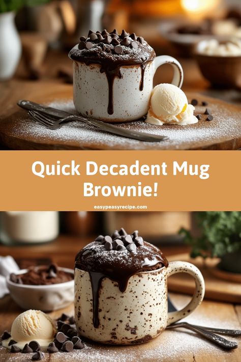 A decadent fudge brownie mug cake topped with chocolate chips and served with a scoop of vanilla ice cream. Fudge Brownie Mug Cake, Mug Cakes Microwave Easy, Brownie Mug Recipe, Coffee Cake Mug Cake, Weight Watcher Mug Cake, Brownie In A Mug Recipe, Brownie Mug Cake, Brownie Mug, Mug Dessert Recipes