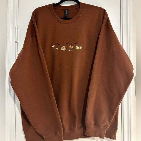 S-Xxl Handmade And Designed By Me 3 Thread Colors Soft Style Crewneck Cocoa Brown Color Cute Fall Hoodies, Embroidered Halloween Sweatshirt, Fall Embroidered Sweatshirts, Brown Sweatshirt Outfit, Crewneck Sweatshirt, Crewneck Outfit, Fall Crewneck Sweatshirt, Burgundy Hoodie, Brown Crewneck