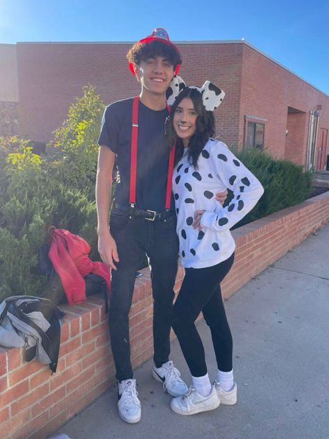 Fire Fighter Halloween Costume Couple, Dalmation And Fireman Costume, Fireman Dalmation Costume Couple, Firefighter And Dog Costume Couple, Couple Halloween Costumes Homemade, Dalmation And Fire Fighter Costume, Fire Fighter Couple Costume, Fireman And Dalmatian Costume Couple, Dalmatian And Firefighter Costume