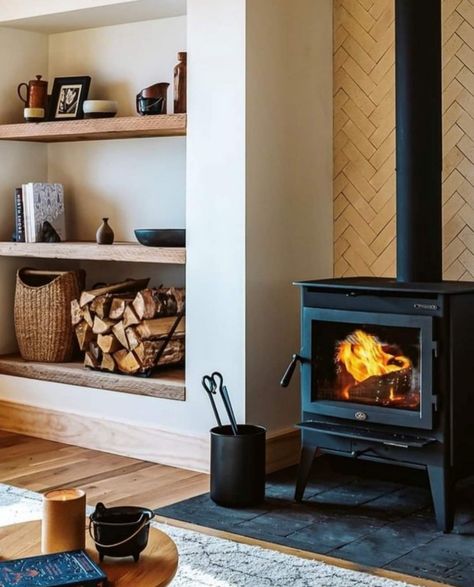 Corner Log Burner, Corner Wood Stove, Corner Stove, Wood Stove Hearth, Wood Burner Fireplace, Wood Burning Stoves Living Room, Fireplace Bookshelves, Wood Stove Fireplace, Freestanding Fireplace