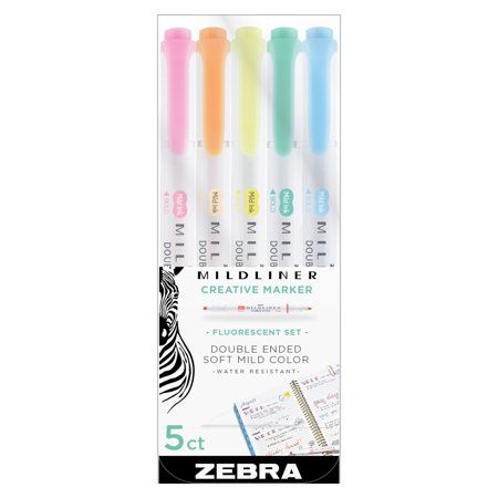 Zebra Mildliner Double-Ended Highlighter Set, 5-Colors, Fluorescent Zebra's Mildliner features a mild color ink that shows up softly on paper. The double-ended bullet and fine point tip highlighters are ideal for a variety of applications, whether for hand-lettering or writing in a rapid journal, planner or study guide. The mild water-resistant ink is translucent and excellent for layering. This set includes one each of blue, blue green, yellow, orange, and pink. Size: none. Color: Multicolor. High School Must Haves, Pack For Camp, 7th Grade School Supplies, School Astetic, Whats In My Backpack, Back To School High School, Office Art Room, Back To School Haul, School Supply List