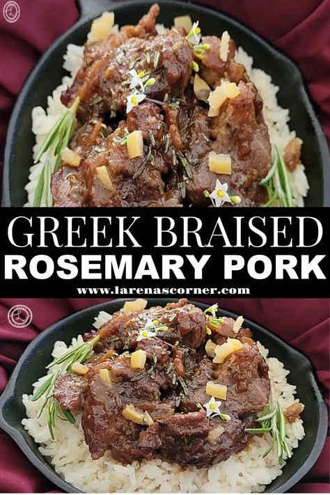 Greek Rosemary Braised Pork collage with two photos of this decadent dish. Greek Pork, Yacon Syrup, Honey Pork, Sweet Pork, Autumn Recipes, Mediterranean Food, Pork Recipe, Greek Dishes, Gluten Free Recipes For Dinner