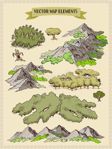 Vector map elements, colorful, hand draw - forest, tree, wood 1. Vector colorful , #sponsored, #hand, #draw, #forest, #colorful, #Vector #ad Drawing Ideas Trees, Fantasy Map Drawing, Map Drawing Ideas, Fantasy Map Drawing Ideas, Draw Forest, Map Elements, Map Sketch, Map Drawing, Forest Map