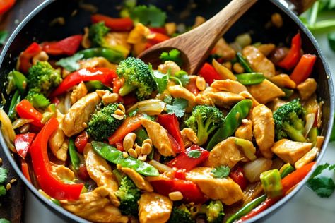 Easy Peanut Satay Chicken Stir Fry Peanut Satay Chicken, Satay Stir Fry, French Onion Meatballs Recipe, Chow Fun Recipe, Peanut Satay Sauce, Peanut Satay, Coca Cola Chicken, Bbq Chicken Wraps, Satay Chicken