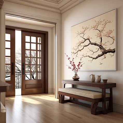 Step into a captivating world of Chinese-inspired wall art! This perfectly decorated room features a white door leading to a wooden entryway adorned with lively tableaus of cherry blossoms. The rich and tonal paintings create a photorealistic ambiance, adding an Asian-inspired touch to your space. Elevate your decor with this exquisite collection! #ChinesePainting #AsianInspired #WoodenEntryway #CherryBlossoms #Photorealistic #SPSE #Simplicity nan Chinese Inspired Interior Design, Asian Entryway Ideas, Asian Inspired Home Decor, Asian Decor Interior Design, Asian Inspired Dining Room, Asian House Decor, Asian Style Interior, Asian Inspired Decor Living Room, Asian Inspired Office Decor