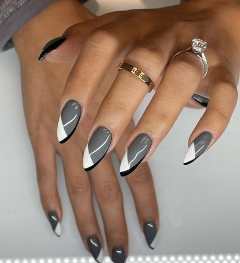 Nail Art With Grey Polish, White Black And Grey Nails, Gray Tip Nails, Greyscale Nails, Light Gray Nails With Design, Nails Grey And Black, Dark Colour Nails Designs, Dark Gray Nails Design, Black And Gray Nail Designs