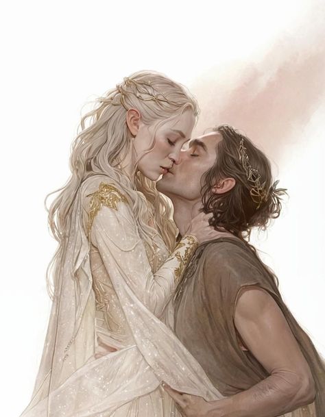 Jon And Daenerys Aesthetic, Tristan And Isolde Art, Sauron X Galadriel, The Hound Fanart, Haladriel Aesthetic, Halbrand And Galadriel, Galadriel And Sauron, Elven Couple, Galadriel And Halbrand