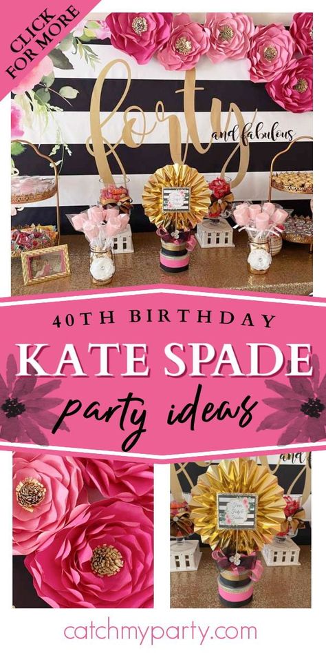 40th Bday Party Ideas For Women Fun, Kate Spade Table Decor, Table Decorations For 40th Birthday, Kate Spade Themed Birthday Party, Black And Pink 40th Birthday, Kate Spade Birthday Party Decoration, Kate Spade Cake Ideas, Female 40th Birthday Party Ideas, 40th Birthday Centerpieces For Woman