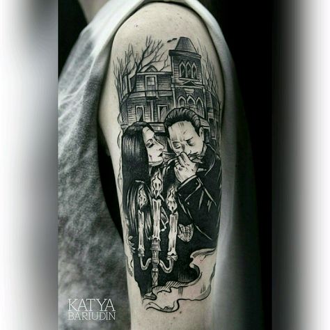 Adams Family Tattoo Design, Addams Family Tattoo Ideas, Adams Family Thing Hand Tattoo, Addams Family House Tattoo, Adams Family Thing Tattoo, Adams Family Sleeve Tattoo, Adams Family Tattoo, Addams Family Tattoo, Addams Family House