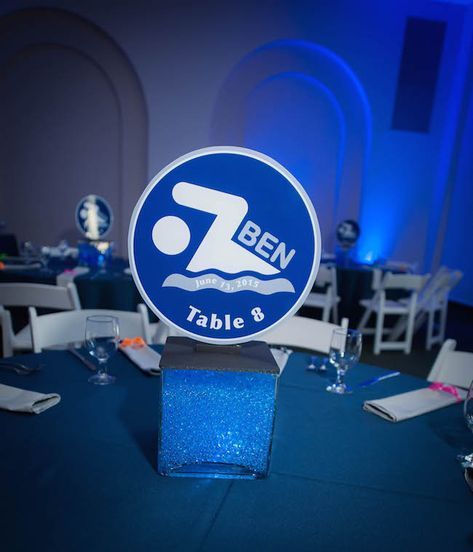 Swim Centerpiece - Photo by Get the Picture Productions Swim Team Party, Swim Banquet, Swimming Ideas, Nautical Bar, Swim Team Gifts, Bar Mitzvah Themes, Banquet Centerpieces, Sports Banquet, Mitzvah Decor