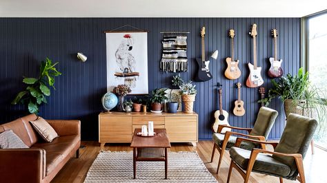 Music room Office Music Room, Music Room Office, Mid Century Renovation, Beacon House, Music Room Design, Guitar Storage, Home Music Rooms, Recreation Room, Music Rooms