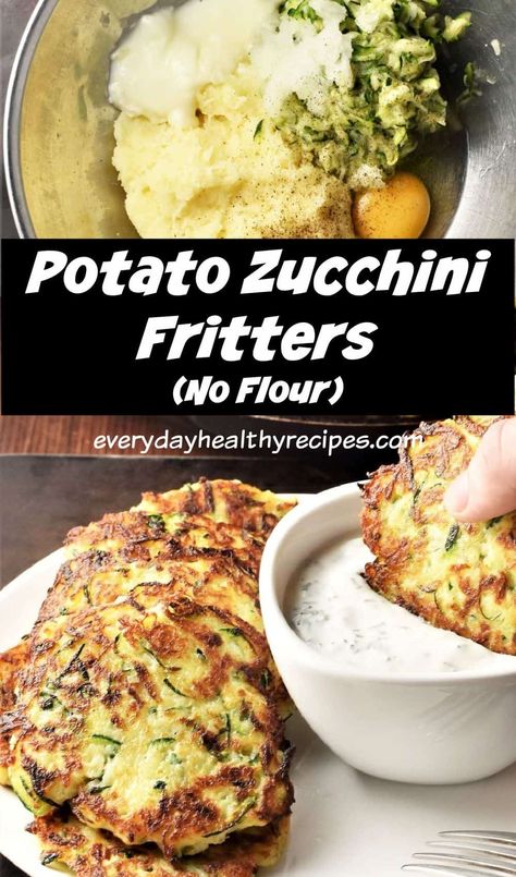 These 5-ingredient Polish-style, flourless potato zucchini fritters are perfectly crispy on the outside and deliciously soft on the inside. #fritters #potatofritters #zucchinifritters #frittersrecipes #everydayhealthyrecipes Zucchini Potatoes Fritters, Zucchini Fritters Eggless, Potatoe Patties Recipe, Zucchini Potato Recipes, Zuchinni Quiche, Potato Zucchini Recipes, Zucchini Fritters Baked, Zucchini Fritters Healthy, Zucchini Potato Fritters