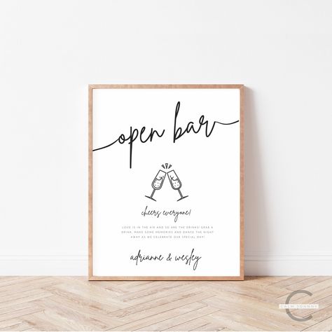 Add a touch of elegance to your wedding with our customisable open bar sign template, perfect for welcoming your guests and guiding them to the celebration. Easily change the text, fonts, font colours, and background colour to match your unique style using Canva! Perfect for wedding receptions, bridal showers, birthdays or those special celebrations! Pair it with one of our photo guestbooks and/or hashtag signs to complete the look. See related items below. 🛍 HOW TO ORDER  1. Click and PURCHASE Beer Bar Wedding, Open Bar Wedding Sign, Wedding Open Bar, Open Bar Wedding, Open Bar Sign, Bar Signage, Hashtag Sign, Reception Signs, Bar Party