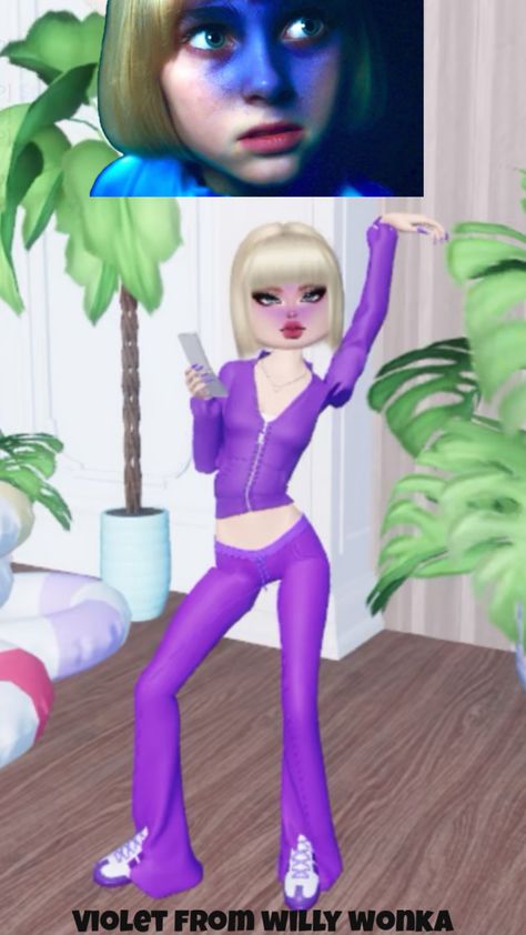 Dress to impress Violet from Willy wonka candy couture theme Roblox game dti Willy Wonka, Dress To Impress, Violet