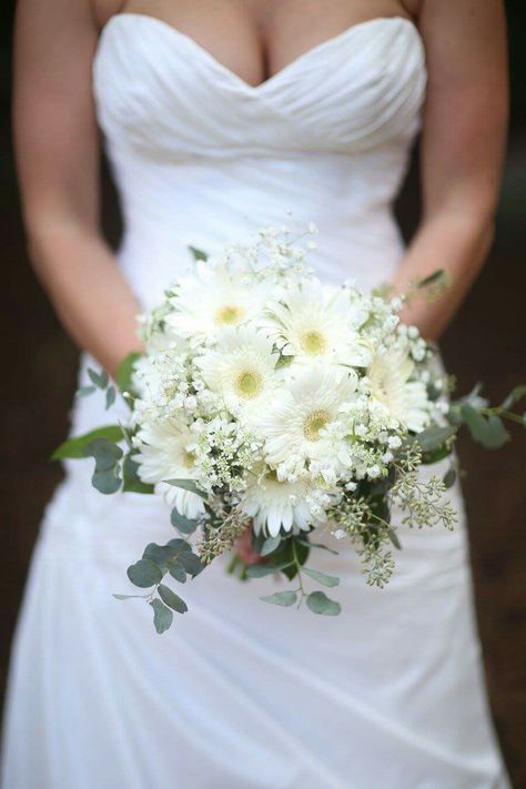 Gerber Daisy Eucalyptus Bouquet, Daisy Bride Bouquet, White Gerbera Daisy Bouquet, Wedding Bouquets Gerbera, Wedding Flowers With Daisies, Gerbera Daisy Bouquet Wedding, White Daisy Bridal Bouquet, Gerbera Wedding Bouquet, White Daisy Wedding Bouquet