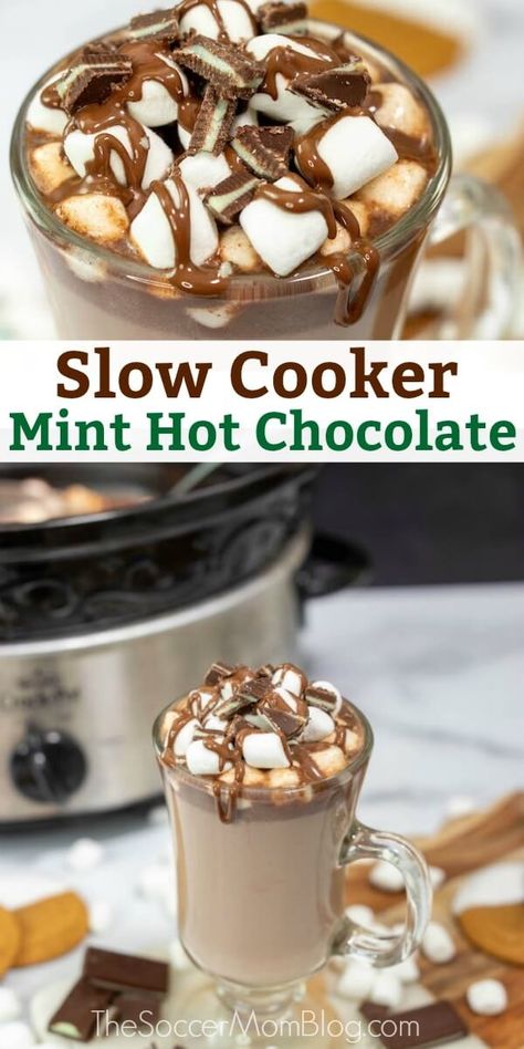 Crockpot Hot Cocoa, Mint Hot Chocolate Recipe, Crock Pot Hot Chocolate Recipe, Mint Hot Chocolate, Andes Mint Chocolate, Classic Hot Chocolate, Crockpot Hot Chocolate, Hot Chocolate Milk, Hot Drinks Recipes