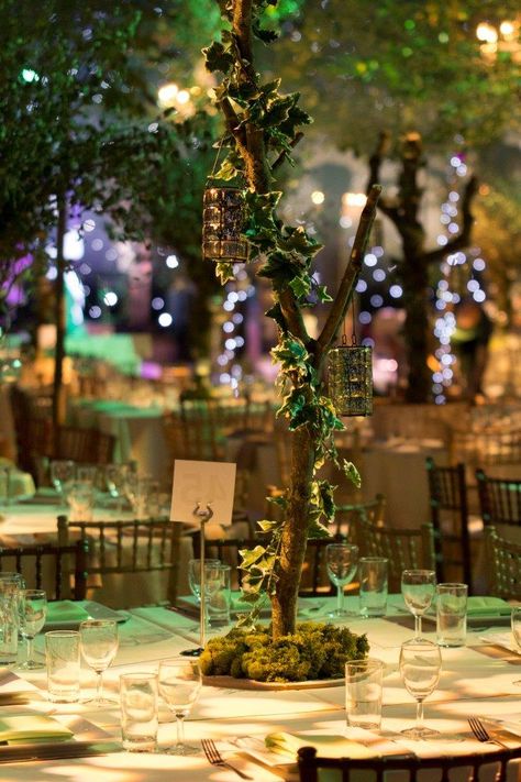 Centerpiece idea - looks great with gold and emerald green! Emerald Green Forest Quinceanera Theme, Green Enchanted Forest Quinceanera, Quinceanera Decorations Emerald Green, Emerald Enchanted Forest Quinceanera Theme, Woodland Quinceanera Theme, Emerald Centerpieces Quince, Forest Green Centerpieces, Enchanted Forest Emerald Green Quinceanera Theme, Nature Quinceanera Theme