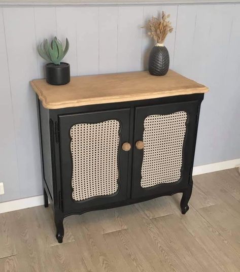 Black And Rattan Cabinet, Diy Furniture Upgrade, Furniture Flipping Business, Staining Furniture, Industrial Interior Design, Furniture Rehab, Furniture Renovation, Furniture Restoration, Furniture Makeover Diy