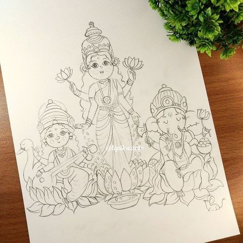 Laxmi Ganesh Drawing, Laxmi Sketch, Laxmi Mata Drawing, Laxmi Ganesh Saraswati, Laxmi Ganesh, God Drawing, God Painting, Book Painting, Ganesha Drawing