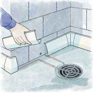 Interior gutter systems catch basement water and channel it to floor drains or a sump pump. Epoxy seals the channel to the floor; the same glue can create curbs to route the flow to a drain. Wet Basement Solutions, Basement Ceiling Ideas Cheap, Basement Repair, House Basement, Wet Basement, Rustic Basement, Diy Basement, Water Control, Waterproofing Basement