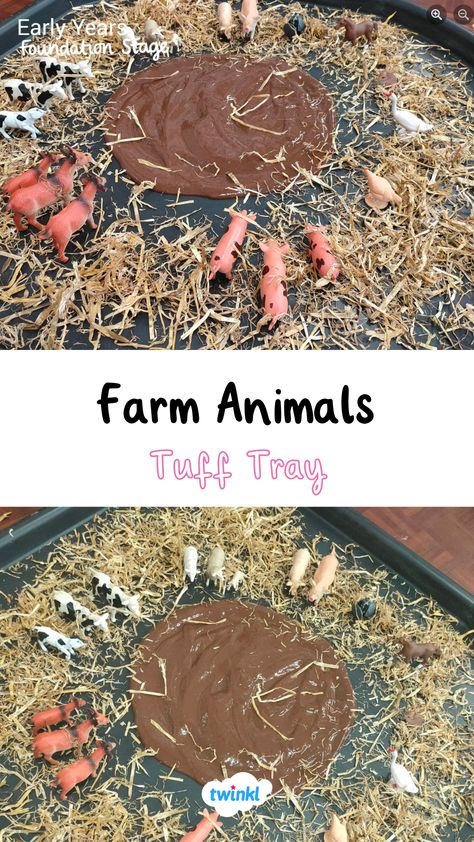 On The Farm Eyfs Activities, Farm Tuff Tray Ideas Preschool, On The Farm Tuff Tray, Farm Display Eyfs, Farm Sensory Tray, Farm Tuff Tray Ideas Eyfs, Animal Tuff Tray Ideas Eyfs, On The Farm Eyfs, Farm Animal Tuff Tray