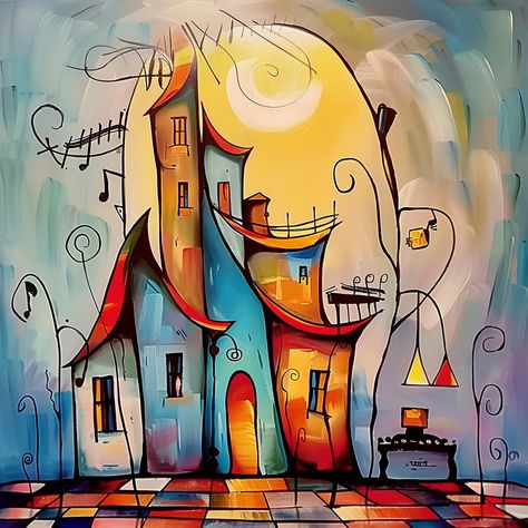 40x40cm Canvas Print 2cm stretched  frame thickness Painting A House On Canvas, Abstract House Drawing, Colourful Houses Painting, Abstract House Painting, Acrylic Painting Of Houses On Canvas, Paintings Of Doors, Naive Art Houses Paintings, City Scape Painting, Art Houses