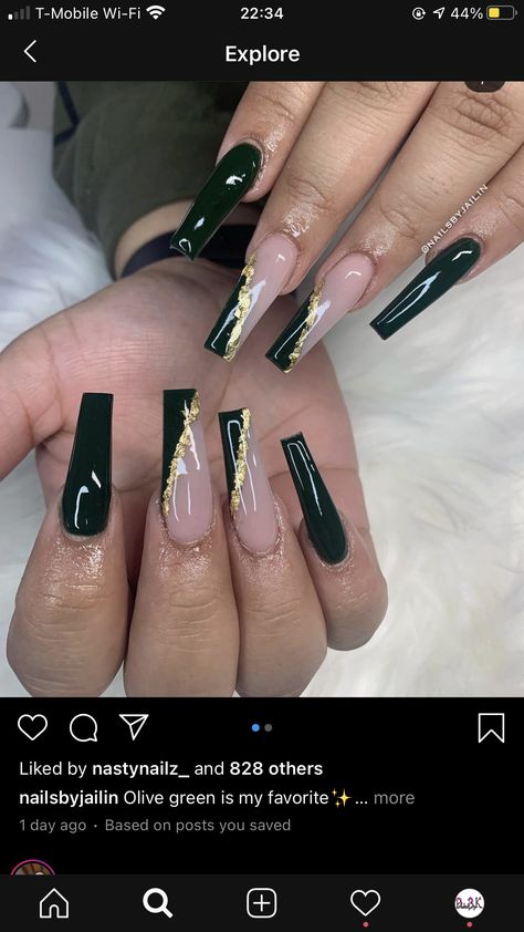 Black Glam Nails Acrylic, Olive Green Nails With Rhinestones, Emerald Green Nails Acrylic Coffin Short, Emerald Green Nails Coffin, Gold And Emerald Nails, Emerald Green Nails Acrylic Coffin, Emerald Nails Acrylic, Green Nails Acrylic Coffin, Green And Gold Nails Acrylic