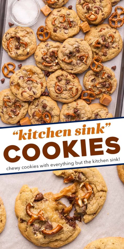 These bakery-style kitchen sink cookies are soft and chewy, and oh so delicious! Made with two types of chocolate, gooey caramel, crunchy pretzels, and flaky sea salt, they're perfect for cookie exchanges, dessert trays, or a fun afternoon treat. Everything Cookies Kitchen Sinks, Fresh Market Kitchen Sink Cookies, Kitchen Sink Cookies With Oatmeal, Best Kitchen Sink Cookies, Easy Pantry Cookies, Cookies With Everything In Them, Kitchen Sink Cookie Recipes, Dish Pan Cookies, Everything Under The Sink Cookies