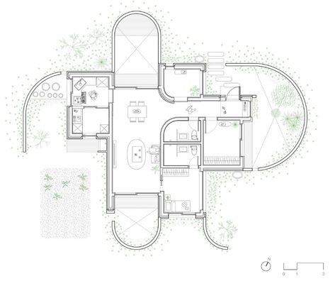 The brick house by Korean studio Obba features a curved fence wall that defines the relationship between private spaces and the countryside. Corner House Floor Plan, Curved House Plans, Unusual Floor Plans, Curved Plans Architecture, Curved Floor Plan, Unique House Floor Plans, Circle Plan Architecture, House With Arches, House Plan Layout