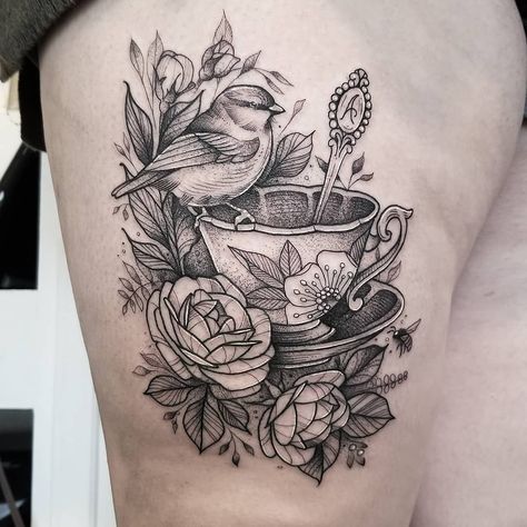 Cup Of Tea Tattoo, Teapot Tattoo, Tea Tattoo, Teacup Tattoo, Tattoo Sleeve Filler, Plush Pants, Bookish Tattoos, Cup Tattoo, Wicked Tattoos