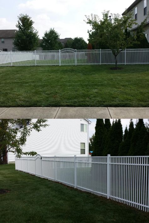 privacy fence columbus ohio White Aluminum Fence, Aluminum Fence Ideas, Fence Backyard, Aluminum Fencing, Landscaping Inspiration, Building A Fence, Aluminum Fence, Fence Ideas, Garden Fountains