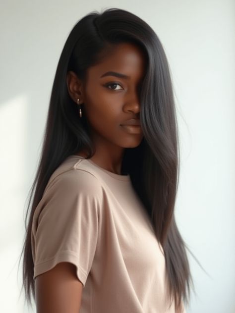 Black woman with silk press hairstyle and deep side part Straight Black Hair Aesthetic, Press Hair Hairstyles, Long Silk Press, Black Women With Straight Hair, Old Silk Press Hair Hairstyles, Old Silk Press, Silk Press Hair Hairstyles, Silk Press Hairstyle, Hair Calendar