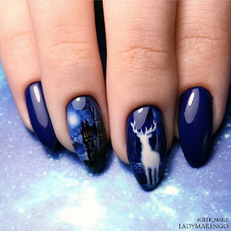 Harry Potter Stag, Harry Potter Nails Designs, Potter Nails, Harry Potter Nail Art, Fantasy Imagination, Harry Potter Nails, Fan Nails, Stile Harry Potter, Disney Acrylic Nails