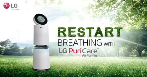 Breathe fresh like you’re amidst nature! Restart breathing with #LGPuriCare Air Purifier at home that ensures clean & pure air, indoor. Air Purifier Ads, Air Conditioning Design, Home Air Purifier, Pure Air, Home Environment, Creative Advertising Design, Food Graphic Design, Lg Electronics, Postcard Template