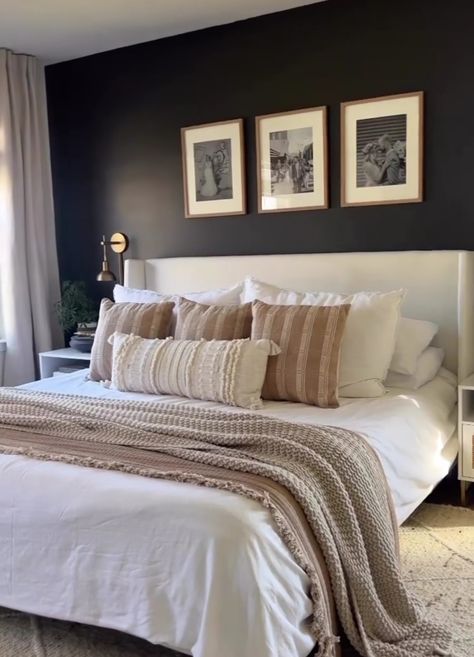 Black And Beige Room Master Bedrooms, Charcoal White Bedroom, Beige Bed Black Furniture, Charcoal Beige Bedroom, White And Khaki Bedroom, Beige Black And Brown Bedroom, Cream Bed With Black Furniture, Black Wall White Bed, Beige Brown Bedding