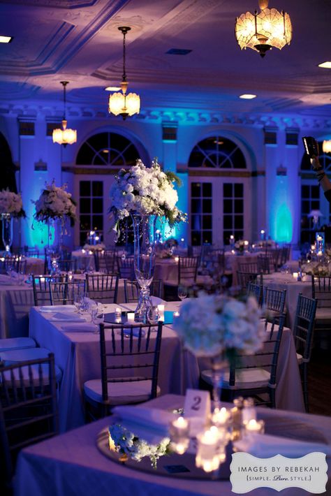 21-Winter Wedding, Blue and White Wedding, YWCA Ft. Worth Wedding Blue Purple Wedding, Purple Reception, Blue Wedding Receptions, Purple Wedding Centerpieces, Blue Wedding Centerpieces, Blue Winter Wedding, Wedding Reception Lighting, Blue Quince, Quinceanera Decorations