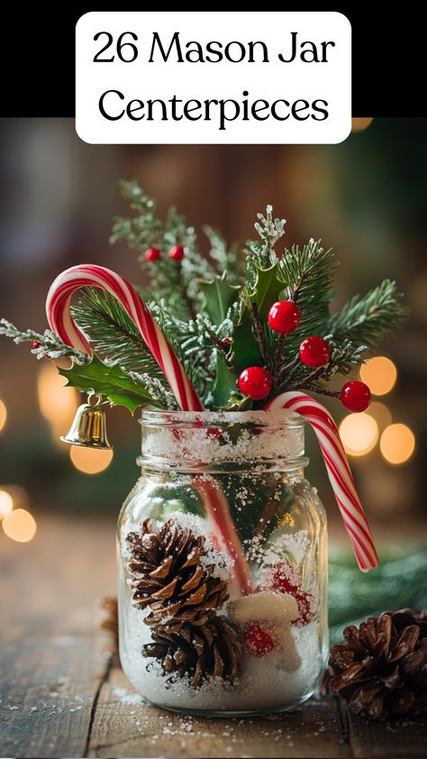 A mason jar centerpiece decorated with Epsom salt, pinecones, holly, bells, and candy canes for a winter wedding.