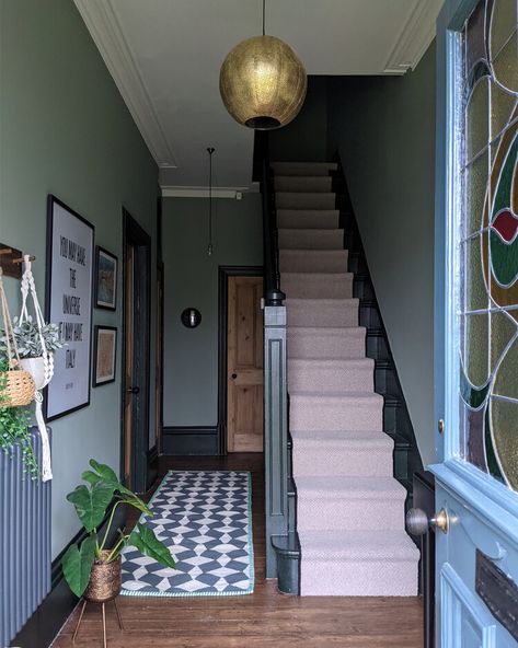 Dark Green Hallway - No Space Like Home Dark Green Hallway, Hallway Decorating Colours, Victorian Terrace Hallway, Small Hallway Decorating, Hallway Wall Colors, Stairs And Hallway Ideas, Hallway Paint Colors, Green Hallway Ideas, Entrance Hall Decor