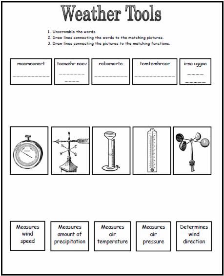 Weather Tools Worksheet This could be a great worksheet to use after going over the different tools we use to measure weather! KC Measuring Weather Activities, Weather Instruments Worksheet, Teaching Weather, Weather Tools, Weather Lessons, Weather Worksheets, Fourth Grade Science, Second Grade Science, Weather Science