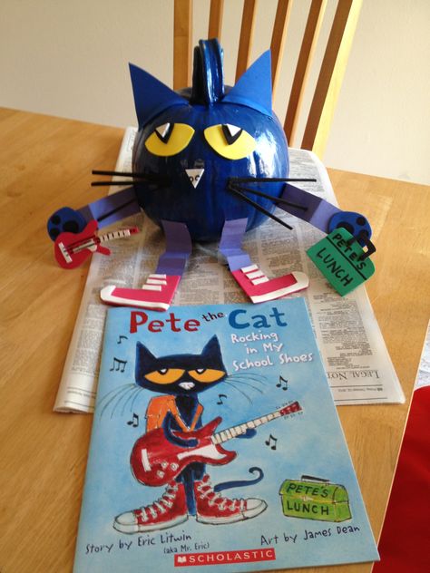 Pete the Cat Pumpkin Pete The Cat Pumpkin Book Report, Pete The Cat Ornament, Pete The Cat Pumpkin Ideas, Pete The Cat Pumpkin Painting, Diy Pumpkin Book Character, Pete The Cat Pumpkin Decorating, Pete The Cat Pumpkin, Storybook Pumpkin, Book Pumpkins