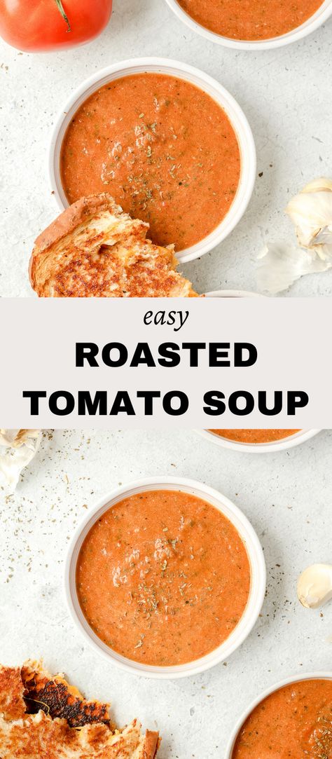 Roasted tomato soup (with homemade grilled cheese) is going to become your new favorite soup recipe. All you need to do is bake the tomatoes, onions, and garlic, and then immersion blend them with the remaining ingredients, it’s that easy Easy Creamy Tomato Soup, Homemade Grilled Cheese, Vegan Tomato Soup, Roasted Tomato Soup, Creamy Tomato Soup, Meat Free Recipes, Vegan Roast, No Dairy, Savory Food