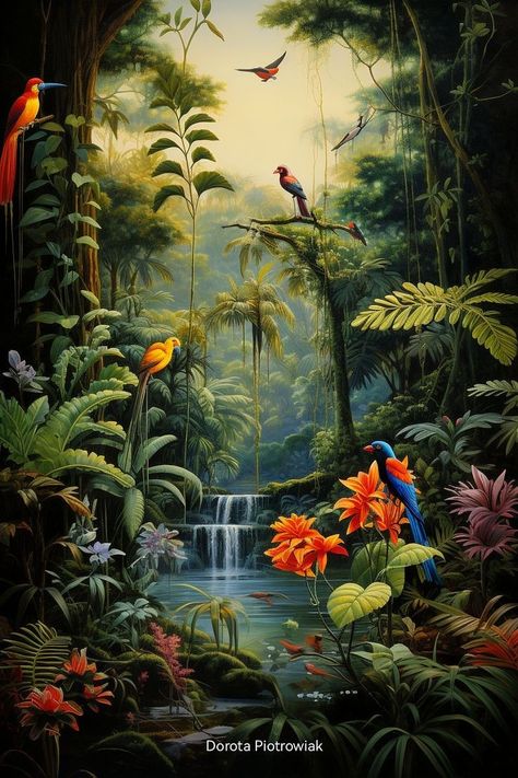 Birds In Jungle, Jungle Painting Ideas, Space Wall Painting, Jungle Artwork, Poster Elements, Jungle Background, Jungle Painting, Rainforest Theme, Jungle Mural