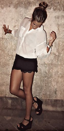 Black Wedges Outfit, Lace Short Outfits, Wedges Outfit, Sheer White Blouse, Sport Clothing, Black Lace Shorts, Shorts Outfit, Fashion Attire, Black Wedges