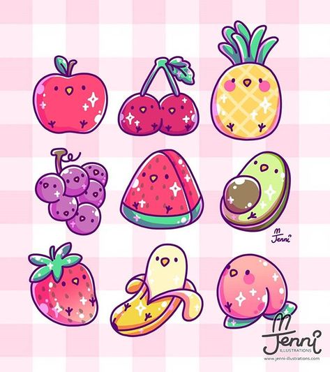 Fruit Birbs 💖🐥🍓🍒🍑🍉🍎🥑🍌🍍 ...#foodart #foodanimal #fruittart #birbs #birdlover #peachbutt #jennillustrations Jenni Illustrations, Kawaii Fruit, 귀여운 음식 그림, Images Kawaii, Art Mignon, Karakter Disney, Art Kawaii, Cute Kawaii Animals, Fruit Wallpaper