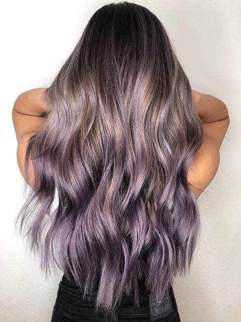 Metallic lavender ombre long hair by Moly at Stocks and Blondes in Mountain View, CA. #lavender #ombre #ashlavender #metallicpurple Lavender Hair Bayalage, Bright Color Ombre Hair, Dark Blonde Lavender Hair, Lavender Hair On Dark Hair, Smokey Lilac Hair Balayage, Lavender And Blonde Highlights, Mauve Ombre Hair, Color Melt Purple, Lavender Lowlights Brunette