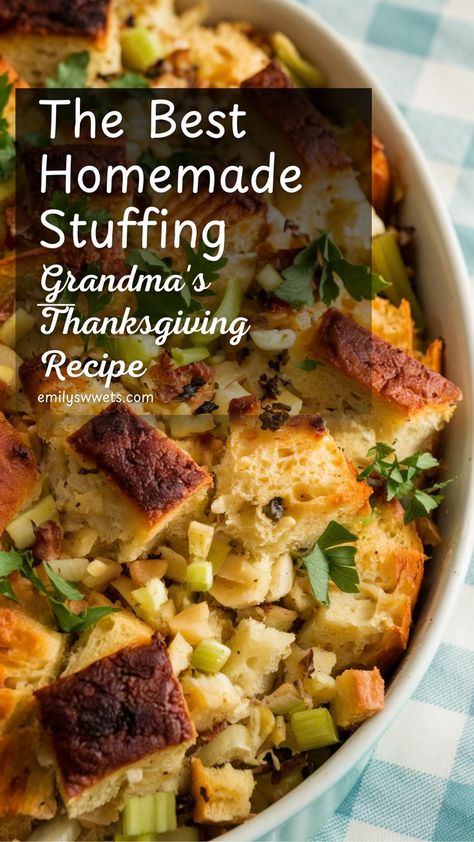 The Best Homemade Stuffing: Grandma's Thanksgiving Recipe Fresh Bread Stuffing Recipe, Best Bread Stuffing Recipe, Best Oven Baked Stuffing Recipe, Classic Bread Stuffing, Stuffing With Fresh Bread, Classic Thanksgiving Stuffing, Homemade Bread Stuffing, Small Batch Stuffing Recipe, The Best Stuffing For Thanksgiving