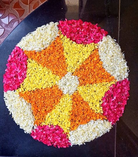 Onam pookalam design flowercarpetflower rangolionam Zendu Flowers Rangoli, Pookolam Design Onam Easy, Onam Kolam With Flowers Simple, Pukalam Designs Simple, Easy Flower Rangoli Designs Diwali, Pookkalam Designs Onam Small Simple, Pookalam Design Easy, Small Pookkalam Designs, Small Pookalam Design Onam Easy