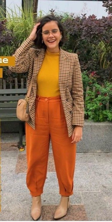 Fall Fashion 2023 Colorful, Orange Professional Outfits, Burn Orange Pants Outfit, Professional Outfits Gen Z, Professional Funky Outfits, Professional Quirky Outfits, Pop Of Color Work Outfits, Fun Buissnes Casual Outfits Woman, Fun Work Outfits Plus Size